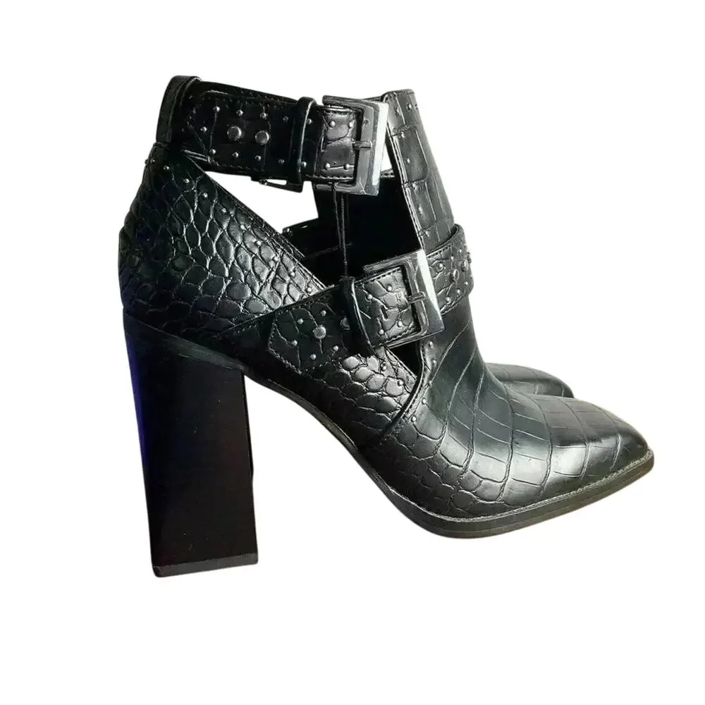 ZARA Black Croc Embossed Studded Buckle Ankle Boots Block Heel Size 38 (US 7.5)